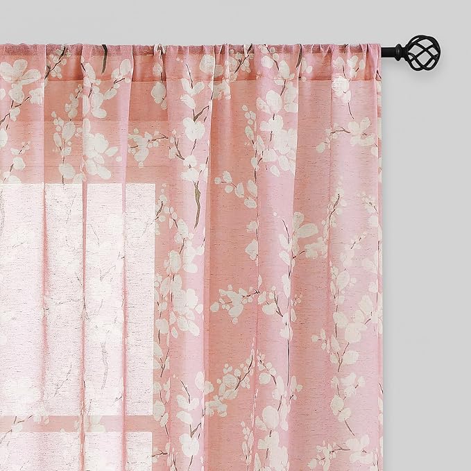FMFUNCTEX Linen Sheer Curtains for Bedroom, Blush Pink Blossom Patterned 96 Inches Long for Kids Room Girl's Room, Floral Patterned Drapes Light Filtering for Living Room, Rod Pocket 2 Panels
