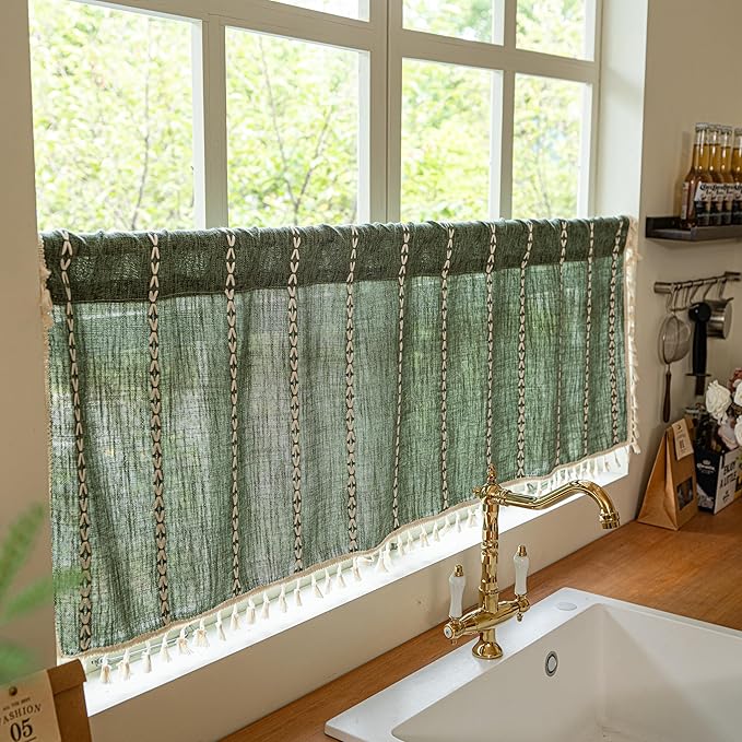 Sutuo Home Olive Green Boho Short Curtains Valance with Tassles, Bohemian Linen Light Filtering Vintage French Country Christmas Window Treatment Embroidery Drape, Rod Pocket 1 Panel 52" W x 18" L
