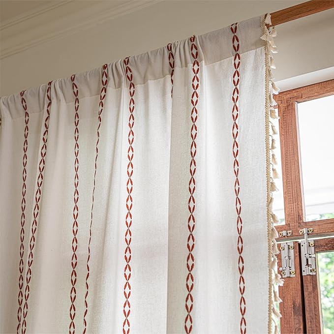 Sutuo Home Boho Curtains 84 Inches Long for Bedroom Living Room Kid's Room, Light Filtering Cotton Embroideried Bohemian Striped Vintage Farmhouse Privacy Decor, 1 Panel W52 x L84,White and Terracotta