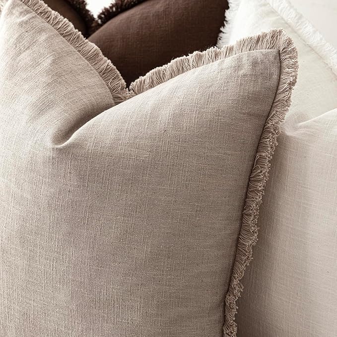 Foindtower Set of 2 Decorative Linen Fringe Throw Pillow Covers Farmhouse Cushion Cover with Tassels Soft Accent Pillowcase for Couch Chair Sofa Bed Living Room Home Decor,24×24 Inch,Natural Linen