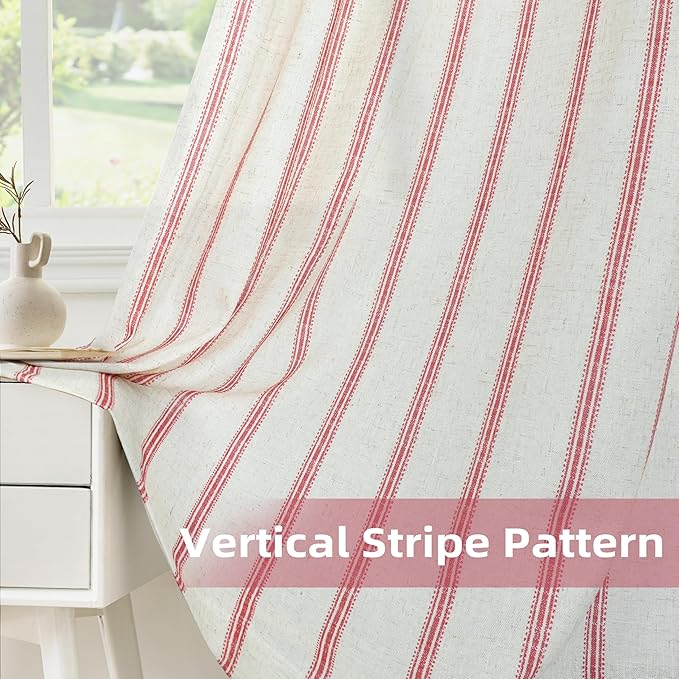 DriftAway Farmhouse Vertical Striped Linen Blend Textured Light Filtering Semi Sheer Curtains for Living Room Bedroom 63 Inches Long Drapes 2 Panels Linen Red