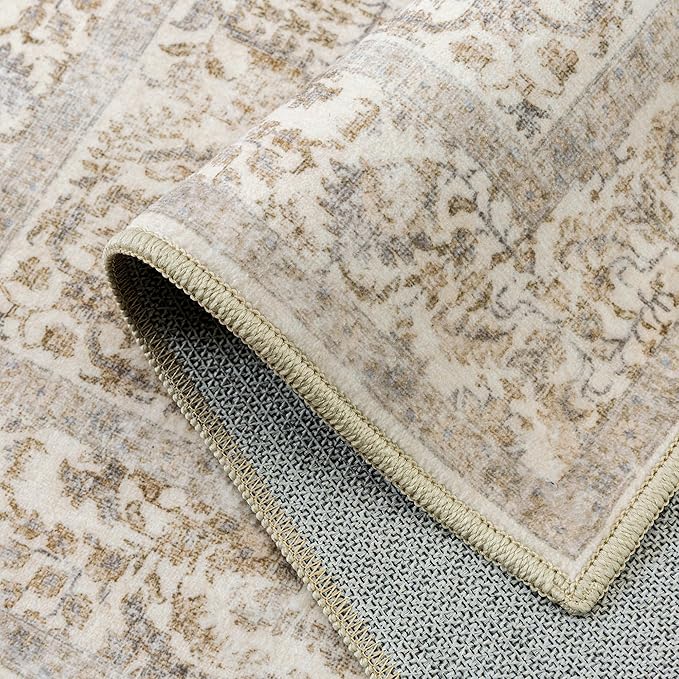 Light Brown Runner Rug 2'6"x8' Washable Carpet for Hallway Kitchen Vintage Distressed Non Slip Indoor Retro Floral Bedroom Accent Throw Long Rug Bathroom Office Laundry Dining Living Room