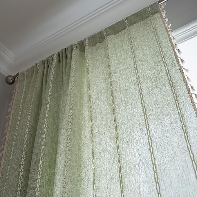 Sutuo Home Boho Curtain for Bedroom 84 Inch Length, Light Filtering Farmhouse Vintage Chic Tassels Window Treatment Bohemian Embroidery Drape, Rod Pocket 1 Panel 52" W x 84" L, Sage Green