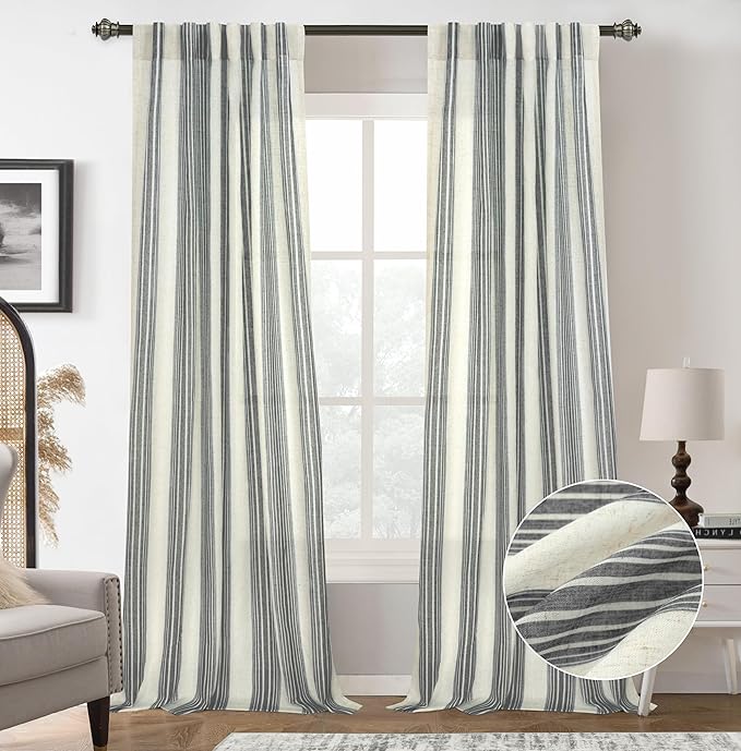 DriftAway Farmhouse Vertical Striped Linen Blend Textured Light Filtering Semi Sheer Curtains for Living Room Bedroom 96 Inches Long Drapes 2 Panels Broad Striped Linen Grey