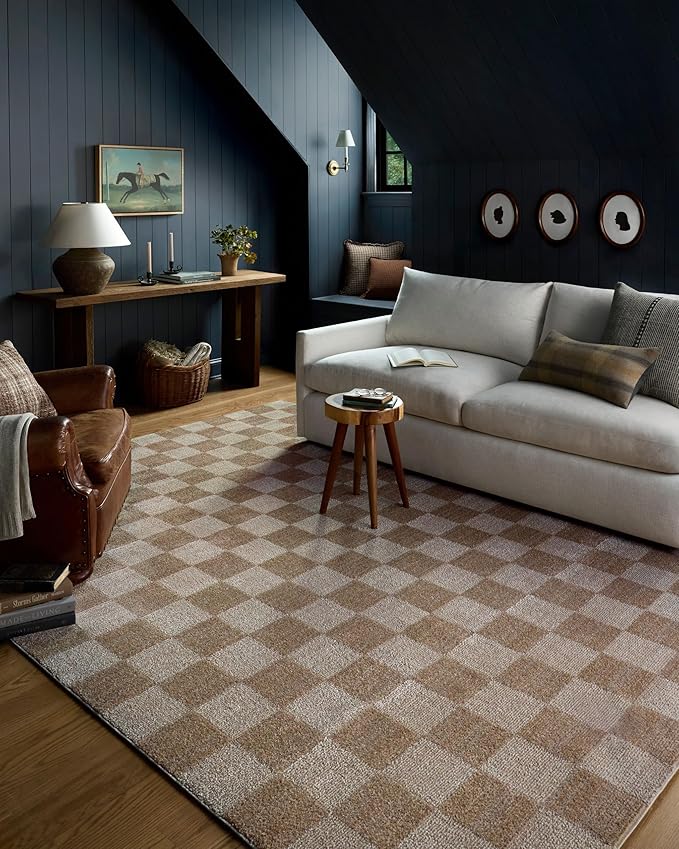 Loloi Chris Loves Julia Calvin Collection CLV-01 Pebble/Ivory 5'-3" x 5'-3" Round Area Rug Checkered Neutral Soft Living Room Bedroom Carpet