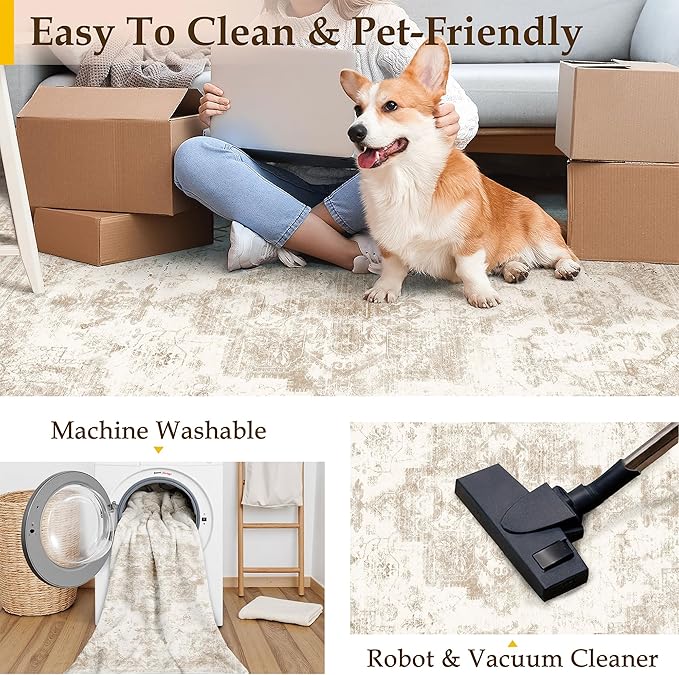 Area Rug 4x6 Cream Washable Office Entryway Vintage Medallion Beige Carpet Non Slip Retro Indoor Mat Low Pile Soft Distressed Small Rug for Bedroom Kitchen Laundry Dining Room