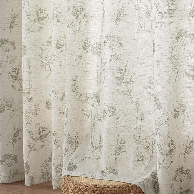 FMFUNCTEX Linen Curtains Floral Patterned Curtain for Bedroom Living Room, Sage Green Curtains 84 Inches Long Farmhouse, Light Filtering Beige Window Curtain Grommet Top 2 Panels Set