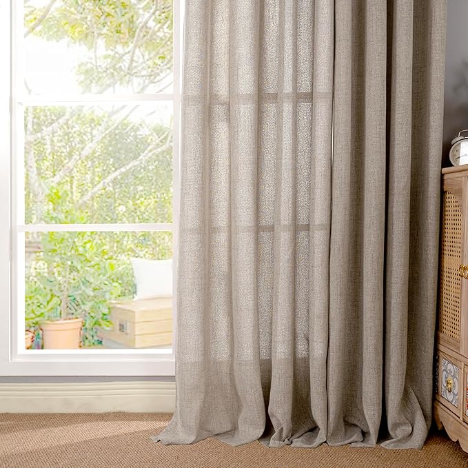 YoungsTex Oatmeal Short Linen Curtains 45 Inch Length for Kitchen Bathroom Window, Burlap Semi Sheer Drapes with Bronze Grommet Light Filtering for Cafe Bedroom, 52 x 45 Inch, 2 Panels