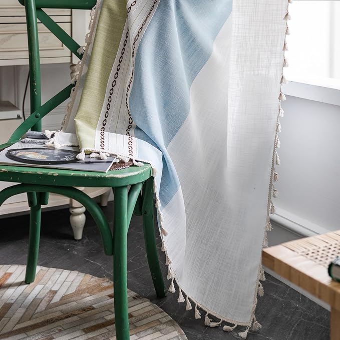 Sutuo Home Boho Curtains 108 inches for Bedroom Dining Room,Light-Filtering Country Tassels Window Treatment Bohemian Embroidery Xams Drape, Rod Pocket 1 Panel 52" W x 108" L, Green Blue Striped Linen