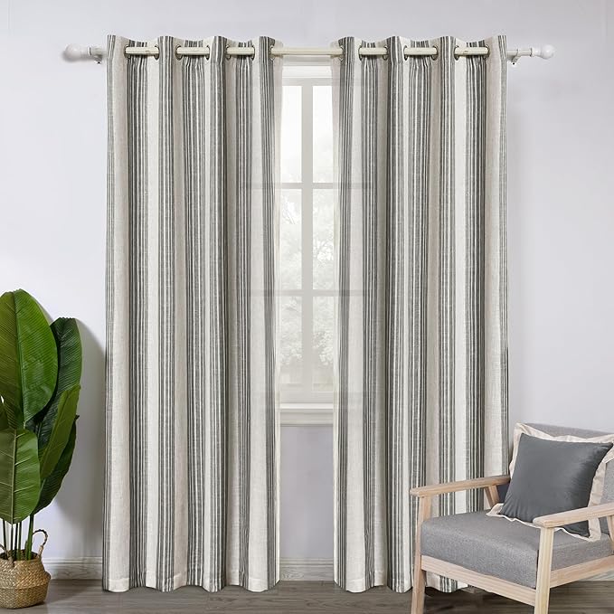 DriftAway Farmhouse Vertical Striped Linen Blend Textured Light Filtering Semi Sheer Curtains for Living Room Bedroom 96 Inches Long Drapes 2 Panels Broad Striped Gray