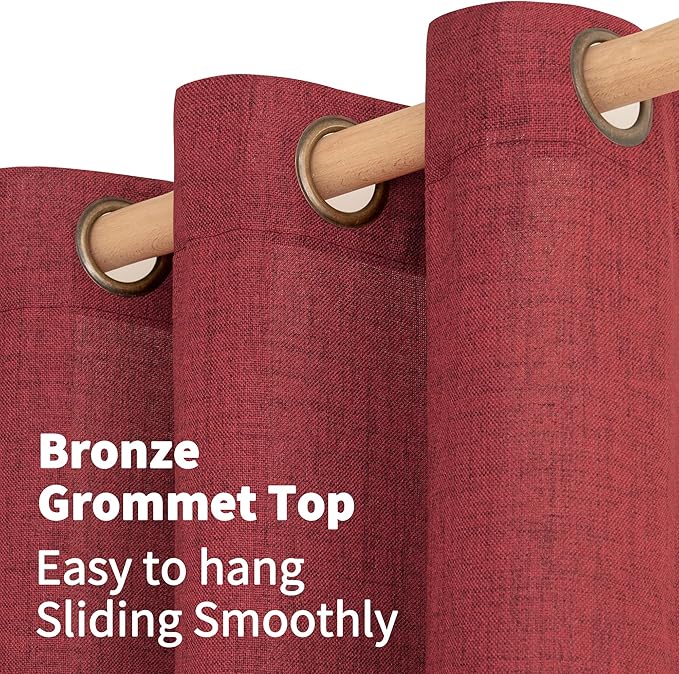 YoungsTex Red Linen Curtains 102 Inch Length for Living Room, Light Filtering Semi Sheer Drapes with Bronze Grommet Privacy for Bedroom Windows, 52 x 102 Inch, 2 Panels