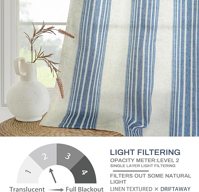 DriftAway Farmhouse Vertical Striped Linen Blend Textured Light Filtering Semi Sheer Curtains for Living Room Bedroom 96 Inches Long Drapes 2 Panels Broad Striped Linen Jean Navy