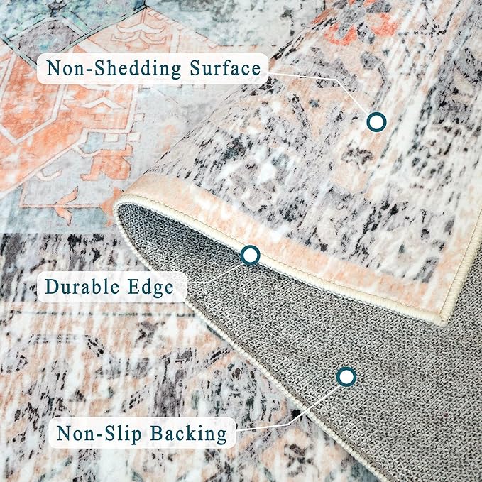 6x9 Area Rug, Ultra-Soft Washable Rug for Living Room, Dinner Room, Bedroom, Non-Slip Vintage Floral Rug, Indoor Carpet Large Area Rug, Orange
