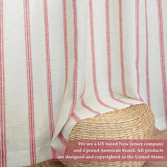 DriftAway Farmhouse Vertical Striped Linen Blend Textured Light Filtering Semi Sheer Curtains for Living Room Bedroom 84 Inches Long Drapes 2 Panels Linen Red
