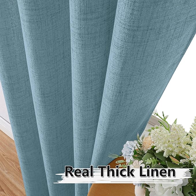 Tollpiz Linen Curtains Living Room Rod Pocket Semi Sheer Curtain Burlap Light Filtering Thick Linen Drapes for Bedroom, 38 x 63 inches Long, Dusty Blue, Set of 2 Panels