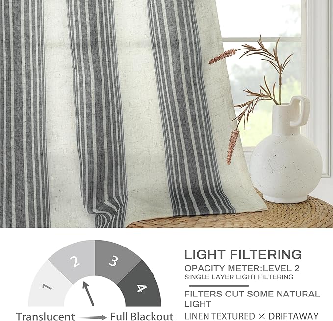 DriftAway Farmhouse Vertical Striped Linen Blend Textured Light Filtering Semi Sheer Curtains for Living Room Bedroom 84 Inches Long Drapes 2 Panels Broad Striped Linen Grey