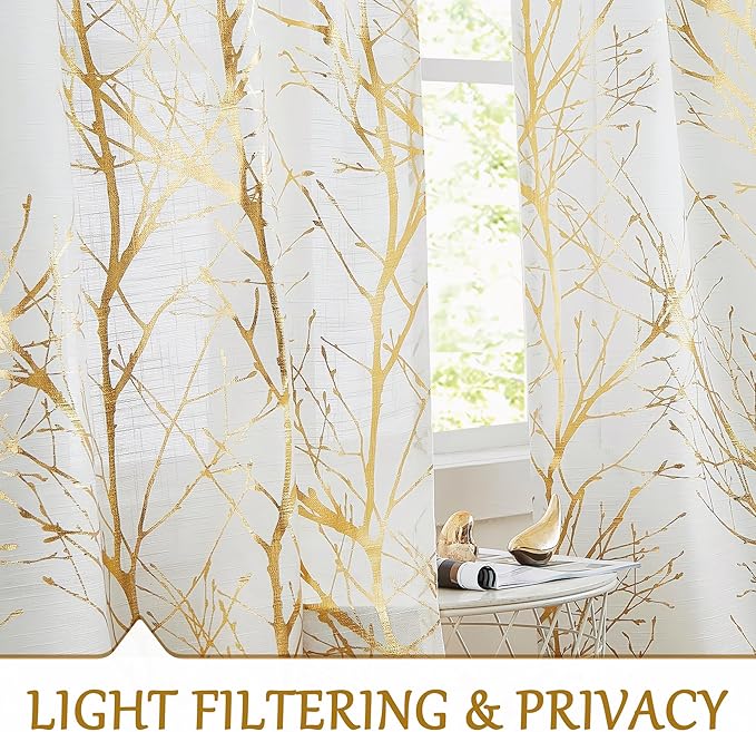 FMFUNCTEX Linen Semi Sheer Curtains, Gold Foil Metallic Print White Tree Panel for Bedroom & Living Room, Light Filtering 54 Inch Grommet Top 2 Panels