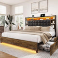 LARMACE King Size Bed Frame with 4 Storage Drawers and Bookcase Headboard, Faux Leather Upholstered, Wooden Platform Bed Frame with Charging Station and LED Lights, No Box Spring Needed, Brown