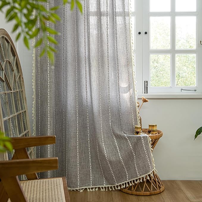 Sutuo Home Brown Boho Curtains 84 inch for Bedroom, Semi Blackout Linen Farmhouse Shabby Chic Tassels Window Treatment Bohemian Embroidery Drape for Halloween Decor, Rod Pocket 1 Panel 52" W x 84" L