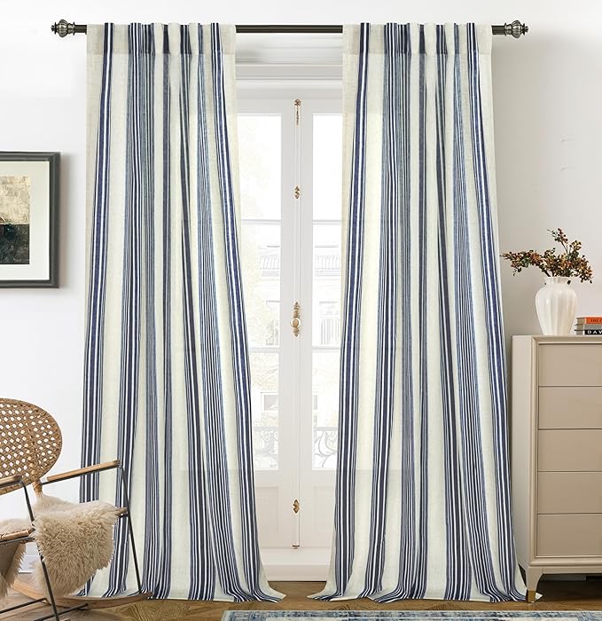 DriftAway Farmhouse Vertical Striped Linen Blend Textured Light Filtering Semi Sheer Curtains for Living Room Bedroom 102 Inches Long Drapes 2 Panels Broad Striped Linen Dark Blue