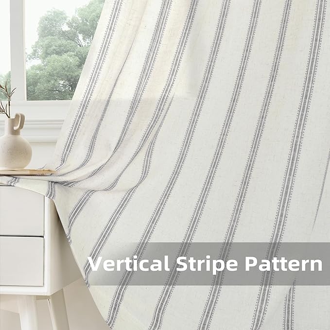 DriftAway Farmhouse Vertical Striped Linen Blend Textured Light Filtering Semi Sheer Curtains for Living Room Bedroom 120 Inches Long Drapes 2 Panels Linen Gray