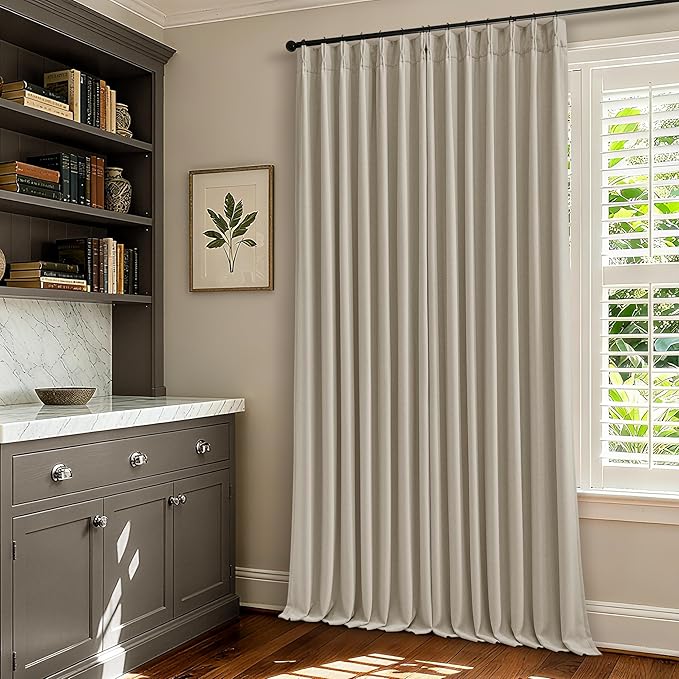 112 Inch Linen Blackout Curtains 112 Inches Long for Bedroom Neutral Boho Pinch Pleated 100% Black Out Room Darkening Sound Dampening Window Drapes Double Layer Soundproof 112 Inch Curtains Oatmeal