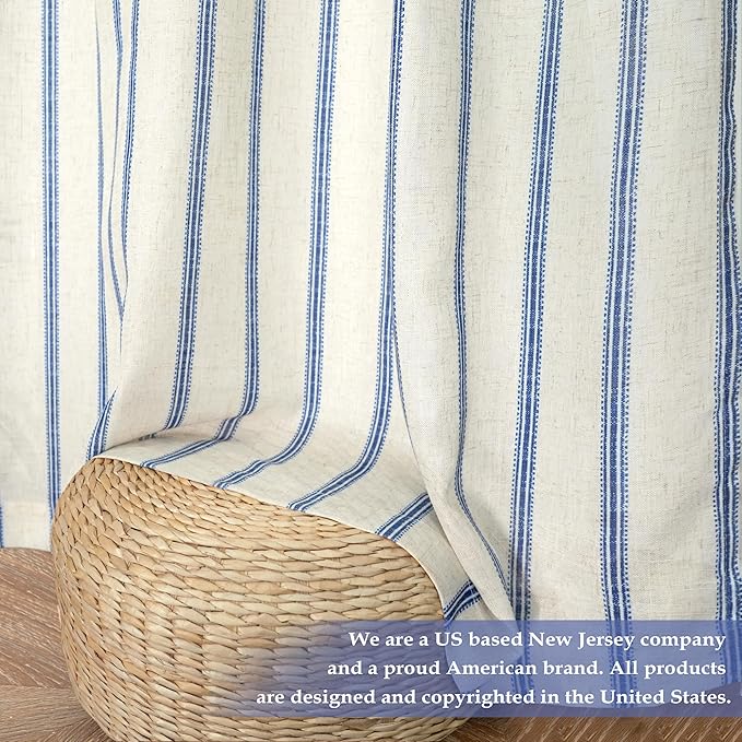 DriftAway Farmhouse Vertical Striped Linen Blend Textured Light Filtering Semi Sheer Curtains for Living Room Bedroom 54 Inches Long Drapes 2 Panels Linen Navy