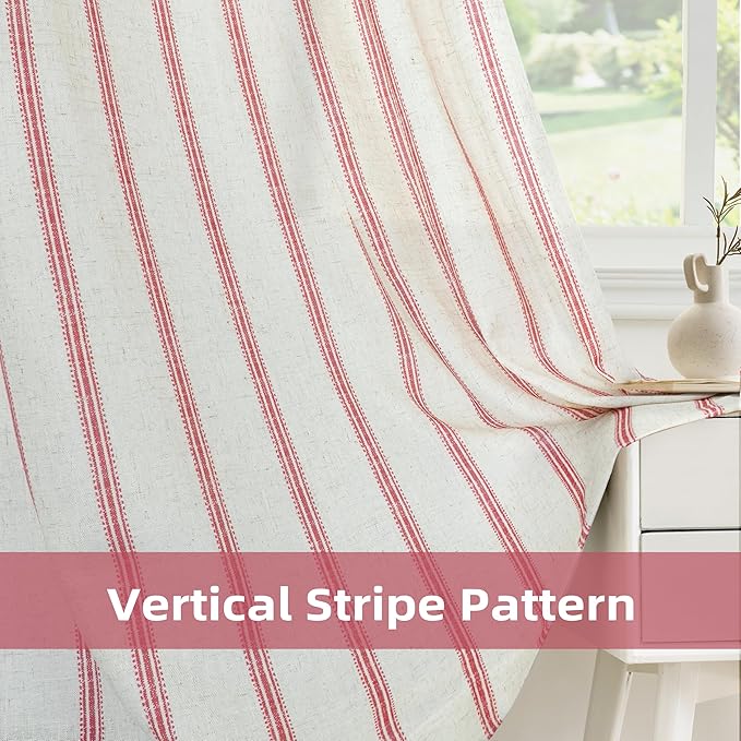 DriftAway Farmhouse Vertical Striped Linen Blend Textured Light Filtering Semi Sheer Curtains for Living Room Bedroom 108 Inches Long Drapes 2 Panels Linen Red