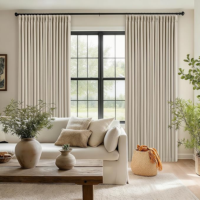 70 Inch Extra Wide 100% Blackout Curtain 84 Inches Long for Living Room Pinch Pleated Thick Linen Oatmeal Beige Thermal Drapes Back Tab Room Darkening Black Out for Bedroom Large Window 70x84 1 Panel