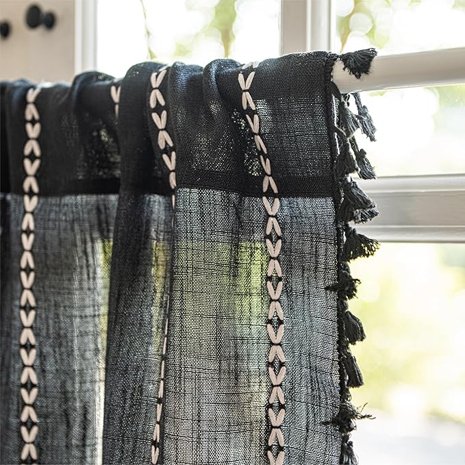 Sutuo Home Boho Valance Curtain 18 inches for Kitchen Cafe Dining Room, Short Farmhouse Vintage Tassels Window Treatment Bohemian Stripe Embroidery Drape, Rod Pocket 1 Panel 52" W x 18" L, Black