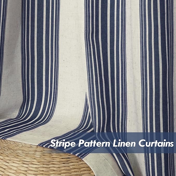 DriftAway Farmhouse Vertical Striped Linen Blend Textured Light Filtering Semi Sheer Curtains for Living Room Bedroom 63 Inches Long Drapes 2 Panels Broad Striped Dark Navy