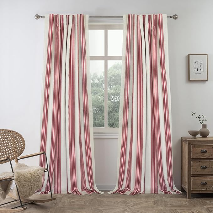 DriftAway Farmhouse Vertical Striped Linen Blend Textured Light Filtering Semi Sheer Curtains for Living Room Bedroom 84 Inches Long Drapes 2 Panels Broad Striped Linen Red