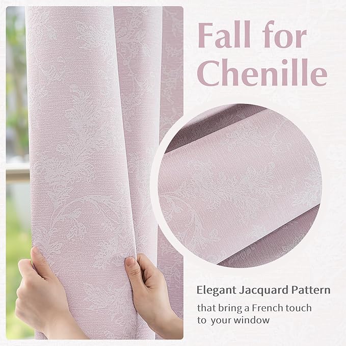 FMFUNCTEX Pink Floral Jacquard Blackout Curtains 84 Inches Long for Girls Bedroom, Scroll Flower Chenille Farmhouse Curtains for Nursery Room Darkening Thermal Insulated Grommet Window Drapes 2 Panels