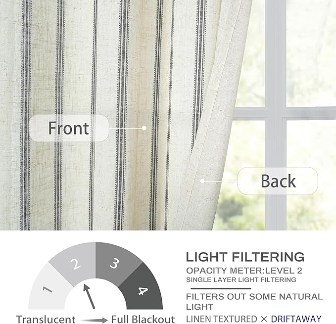 DriftAway Farmhouse Vertical Striped Linen Blend Textured Light Filtering Semi Sheer Curtains for Living Room Bedroom 63 Inches Long Drapes 2 Panels