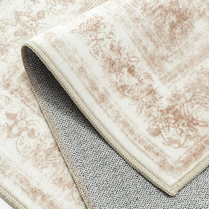 Area Rug 5x7 Cream Washable Living Room Beige Carpet Non Slip Vintage Medallion Low Pile Soft Indoor Bedroom Retro Distressed Indoor Rug for Kitchen Home Office Laundry Dining Room
