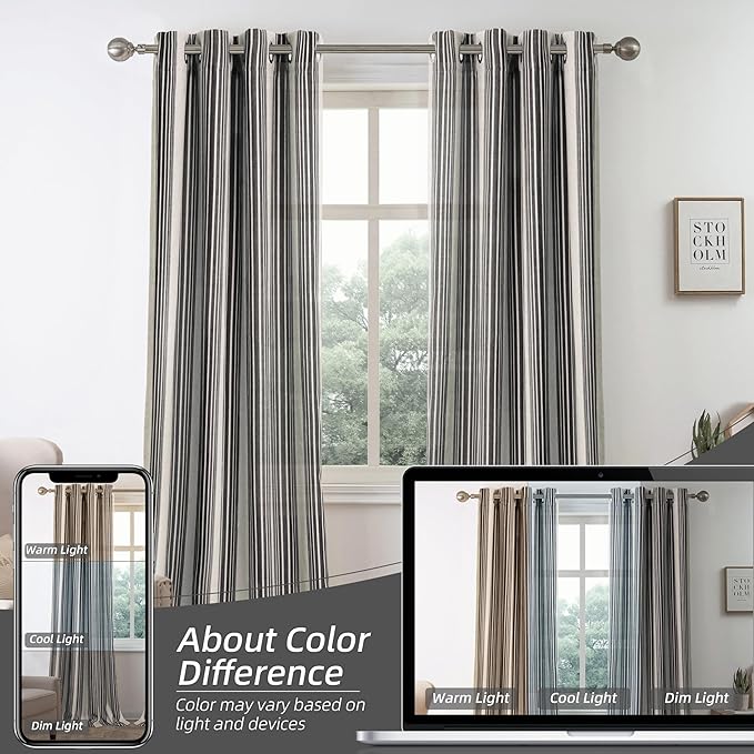 DriftAway Farmhouse Vertical Striped Linen Blend Textured Light Filtering Semi Sheer Curtains for Living Room Bedroom 96 Inches Long Drapes 2 Panels Broad Striped Black