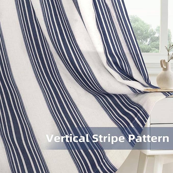 DriftAway Farmhouse Vertical Striped Linen Blend Textured Light Filtering Semi Sheer Curtains for Living Room Bedroom 120 Inches Long Drapes 2 Panels Broad Striped Dark Navy