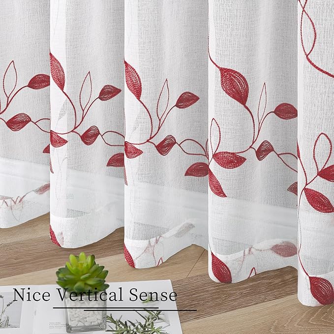 Tollpiz Burgundy Red Leaf Sheer Curtain Leaves Embroidered Bedroom Short Curtains Rod Pocket Voile Window Treatments for Living Room, 38 x 45 inches Long, Set of 2 Panels