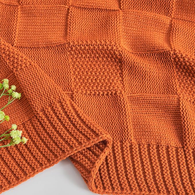 CozeCube Check Knit Throw Blanket, Rust Orange Checkered Throw for Couch, Decorative Christmas Soft Cozy Warm Knitted Blanket for Bed Sofa Living Room, 60"X80"