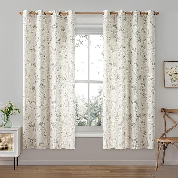 FMFUNCTEX Linen Curtains Floral Patterned Curtain for Bedroom Living Room, Sage Green Curtains 63 Inch Length Farmhouse, Light Filtering Beige Window Curtain Grommet Top 2 Panels Set