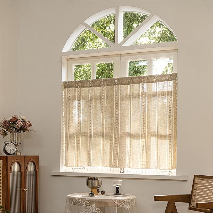 Sutuo Home Boho Curtains Valance Tier 36 inch for Cafe Kitchen Doorway Closet, Short Linen Farmhouse Chic Tassels Window Treatment Bohemian Embroidery Drape Rod Pocket 1 Panel 52" W x 36" L, Natural