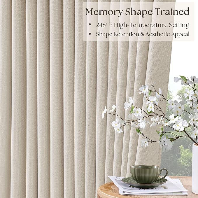 94 Inch Natural Blackout Linen Curtains 2 Panels Set for Bedroom Living Nursery Neutral Pinch Pleated 100% Black Out Thermal Insulated Cream Ivory Curtain for Energy Efficient Pinch Pleat Drape 40x94