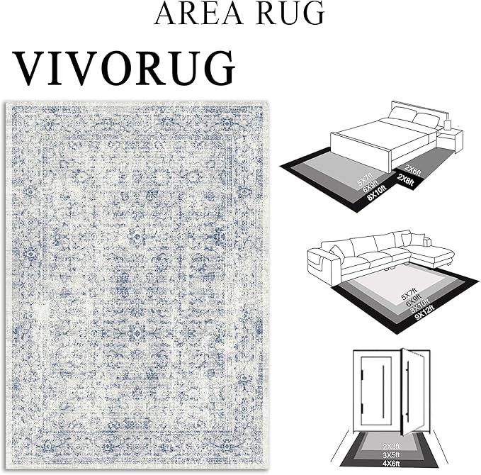 3x5 Rug, Small Area Rug for Living Room, Bedroom, Kitchen, Machine Washable Non-Slip Throw Rug, Vintage Distressed Floral Carpet for Entryway Nursery Dinner Room - Durable (Blue)