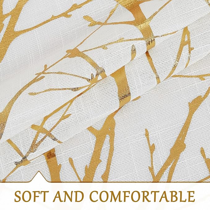 FMFUNCTEX Linen Semi Sheer Curtains, Gold Foil Metallic Print White Tree Panel for Bedroom & Living Room, Light Filtering 54 Inch Grommet Top 2 Panels
