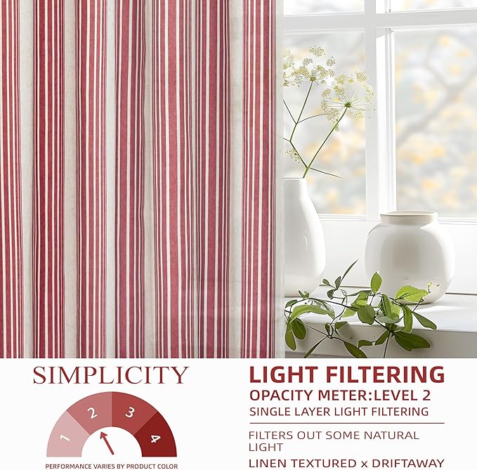 DriftAway Farmhouse Vertical Striped Linen Blend Textured Light Filtering Semi Sheer Curtains for Living Room Bedroom 54 Inches Long Drapes 2 Panels Broad Striped Red