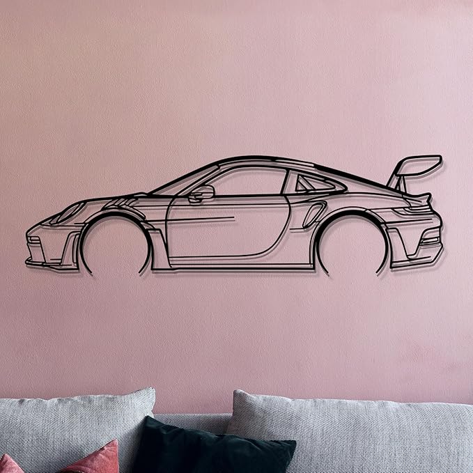 Dekory Car Wall Art – 911 GT3 RS (992) Black Metal Sports Car Silhouette, Modern Industrial Automotive Wall Decor for Garage, Living Room or Bedroom – 40 Inch (L)