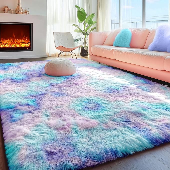 PAGISOFE Cute Kawaii Purple Rainbow Rug for Girls Bedroom, 5x8 Washable Area Rug, Soft Fluffy Shag Rug for Girls Room Baby Kids Playroom Nursery Classroom Plush Furry Mermaid Rug, Fuzzy Pastel Carpet