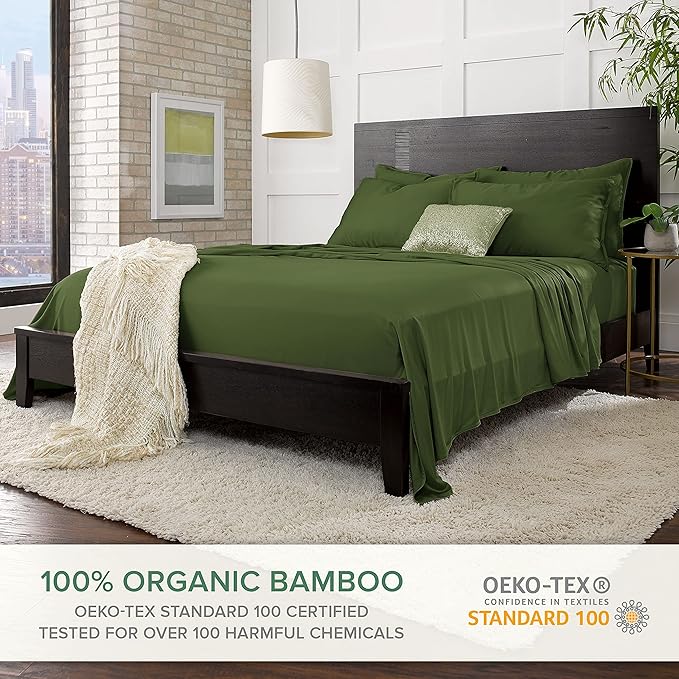Pure Bamboo Split King Sheets, Genuine 100% Organic Viscose Derived from Bamboo Bed Sheet Set, Soft & Cooling, Double Stitching, 2 Fitted Sheets (Split King, Pesto)