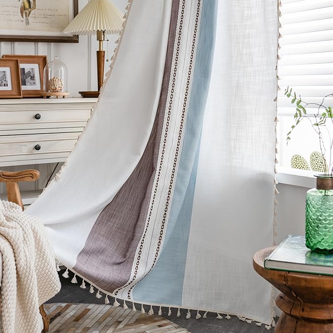Sutuo Home Boho Curtains 63 inches for Kitchen Bedroom, Semi Blackout Linen Farmhouse Tassels Window Treatment Bohemian Embroidery Drape, Rod Pocket 1 Panel 52" W x 63" L, Brown Blue Striped Linen