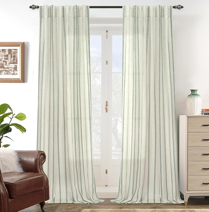 DriftAway Farmhouse Vertical Striped Linen Blend Textured Light Filtering Semi Sheer Curtains for Living Room Bedroom 96 Inches Long Drapes 2 Panels Linen Loden Green